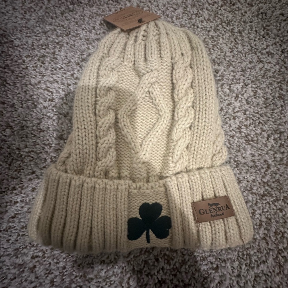 Cream Knit Beanie with Green Accent